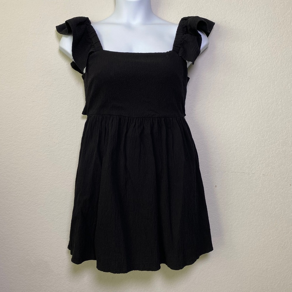 Mami Black Ruffle Sleeve Tie Back Mini‎ Large Dress Square Neck Textured Pockets